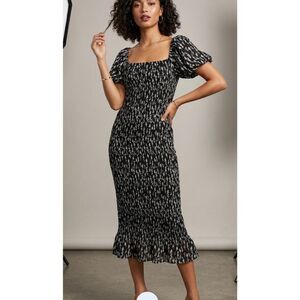 Trixxi Smocked Ditsy Floral Puff Sleeve Midi Black  white Dress  cottagecore  M